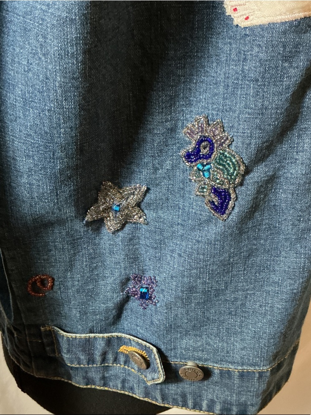 Chico's Blue Denim Jean Jacket with Colorful Mermaid Embroidery - Picture 5 of 7
